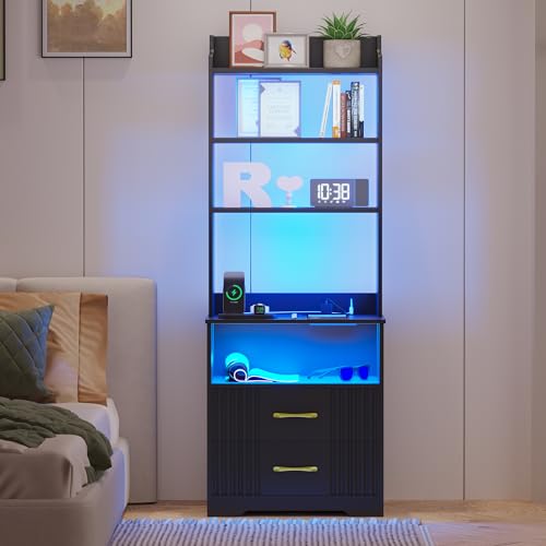 Vlsrka LED Nachttisch mit Steckdose, Moderner Nachttische mit ladefunktion & USB, Nachtschrank mit 2 Schubladen & Bücherregalen, Nachttisch mit 3 LED-Licht, Für Schlafzimmer Wohnzimmer, Schwarz