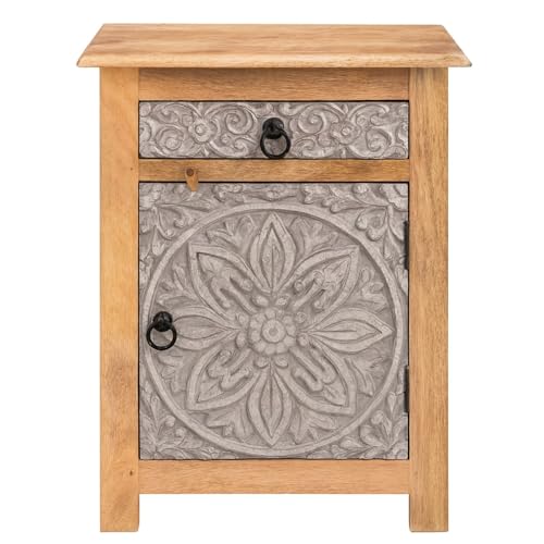 Orientalischer Holz Nachttisch Ferial Grau Braun 70cm Hoch | Orient Vintage Nachtkommode orientalisch handverziert | Indischer Nachtschrank auch für Boxspringbett | Asiatische Möbel aus Indien