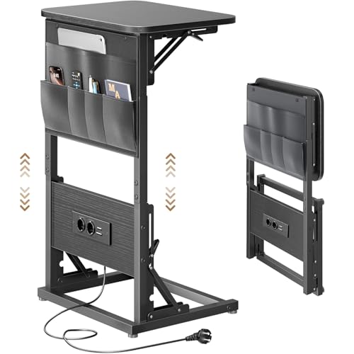 HLONONE Beistelltisch C Form, Klappbarer Sofatisch mit Steckdosen, Höhenverstellbar Couchtisch mit Metallrahmen, 30 x 40 x 72 cm, Nachttisch fur Wohnzimmer und Schlafzimmer, Schwarz