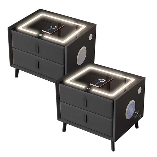 Nachttisch 2er Set mit Ladefunktion, Nachttische mit Bluetooth-Lautsprecher, Nachtschrank mit LED-Beleuchtung (Dimmbar), Nachtkommode mit 2 USB,Type-C, 2 Schubladen,Beistelltisch, für Schlafzimmer