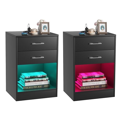 PIPIPOXER 2er Set Nachttisch mit Steckdose & USB, Nachttisch LED, Nachtschrank Nachtkommode 2 Schubladen mit Led 16 Farben Beleuchtung Beistelltisch für Schlafzimmer, 40x35x60cm, Schwarz