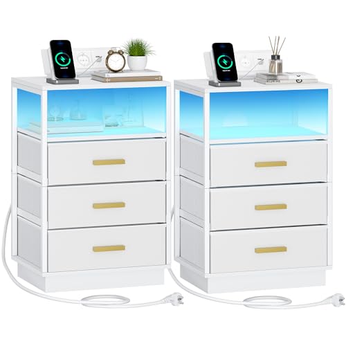 Hzuaneri Nachttisch 2er Set, Nachttische mit 2 AC-Steckdosen und 2 USB-Anschlüsse, LED-Beleuchtung, Beistelltisch mit 3 Stoffschubladen und Offenes Fach, für Schlafzimmer, Wohnzimmer, Weiß NS63303W