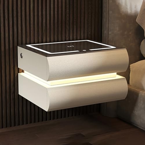 LLYLAFDC Nachttisch Hängend Mit LED-Beleuchtung, Kleines Modernes Schweberegal Nachttisch Mit Schublade, Mit Ladestationm,für Schlafzimmer Und Kleine Räume(Wit,40 * 40 * 33cm)