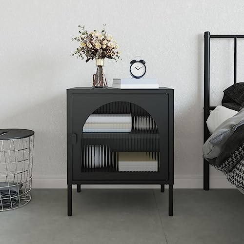 Frdhee Kleiner Schrank Bett Kommode,Nachttisch Schwarz 50x35x60 cm Glas und Stahl,Kleiner Schrank für Wohnzimmer Schlafzimmer