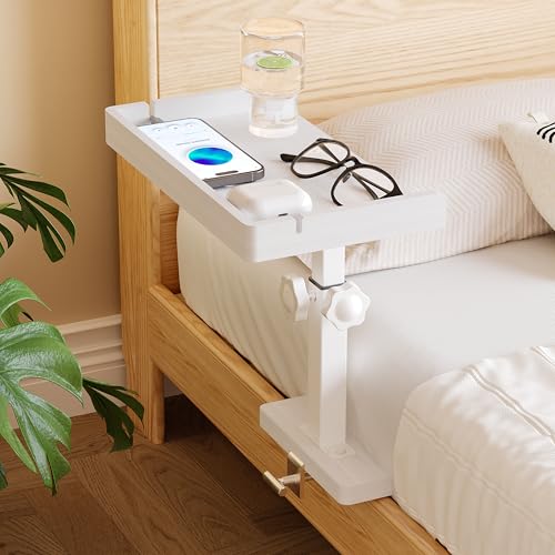 Wealone Bettablage zum Einhängen, Weißer Höhenverstellbarer Bettseitentisch mit Metallstange, Clip-On Nachttisch Organizer, Bett Tablett Tray mit Clip für Studentenzimmer, Etagenbett, kleine Wohnungen