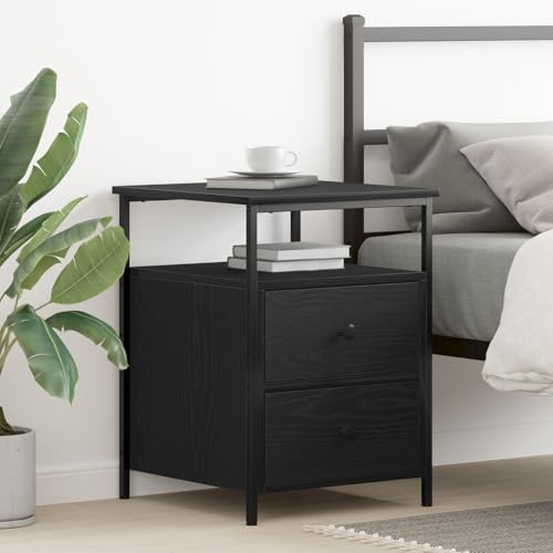 Gecheer Nachttisch Schwarz Eiche 44x45x60 cm Holzwerkstoff und Stahl, Nachtschrank Nachtkonsole Nachtkommode Schlafzimmer Schrank Kommode