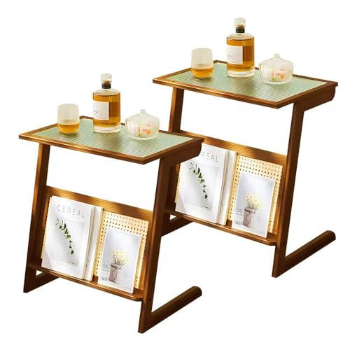 Nachttische aus Bambus, 2er-Set, mit Zeitschriftenständer, Vintage-Glas-Beistelltisc he für kleine Räume, Wohnzimmer oder Schlafzimmer, einfache Montage, 56/60 cm Höhe
