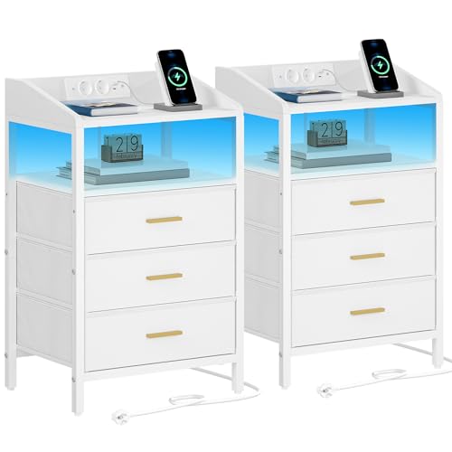 Hzuaneri Nachttisch 2er Set, mit LED-Leuchten und Ladestation, Beistelltisch mit 3 Stoff-Schubladen und Regalen, mit USB-Anschlüssen & Steckdosen, für Schlafzimmer, Wohnzimmer, Weiß NS35513W