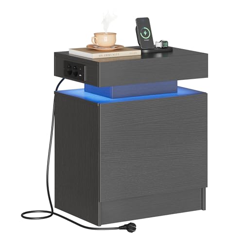 IRONCK Nachttisch Grau mit LED-Licht & Ladefunktion, Beistelltisch mit USB+Typ-C Anschlussen, Nachtschrank mit 2 Schubladen, Sofatisch für Schlafzimmer, Wohnzimmer, 35 x 48 x 60 cm