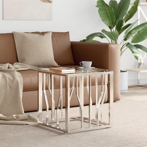 Couchtisch, Konsolentisch Schmal Zeitungsständer Mit Ablage Druckertisch Nachttisch Klein Geeignet für Study Room Zuhause College-Schlafsaal Eingangsbereich Silbern 50x50x50 cm Edelstahl und Glas