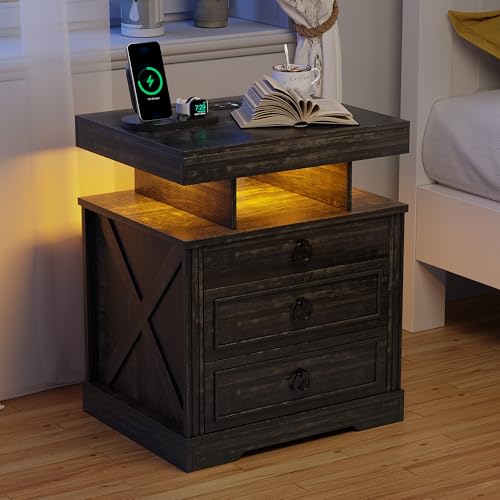 Smart Nachttisch mit kabellosem Laden & LED-Licht, abschließbare Schublade, menschliches Sensor-Design, offenes Fach für Schlafzimmer & Wohnzimmer, moderner Nachttisch in Mattschwarz