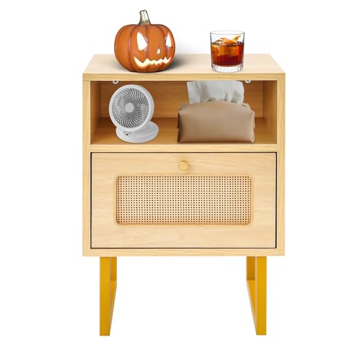 NoneDanGee Nachttisch Rattan, Nachtschrank, Kommode Beistelltisch mit Schubladen, Sideboard Wohnzimmer, Nachtkommode, Boho Nachttisch für Wohnzimmer, Schlafzimmer (Holzfarbe)