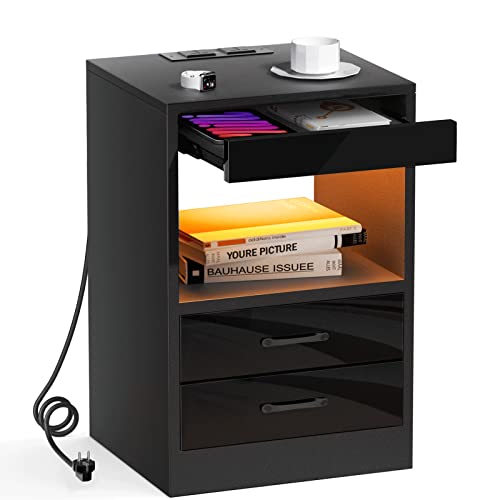 Lvhcmfohm Nachttisch mit Steckdose, Nachtschrank Boxspringbett mit Led Licht, Nachtkästchen, Moderner Nachtkommode mit 2 Schubladen und offene Schublade (Schwarz, 40x35x60cm)