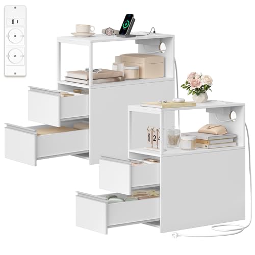 HEXCELEN Schmaler Beistelltisch, 2er Set, Nachttisch, Schmaler Nachttisch mit 2 Schubladen und Offenem Fach, Sofatisch, für Kleine Räume, Wohnzimmer, Schlafzimmer, Modern, 60 x 30 x 65 cm, Weiß