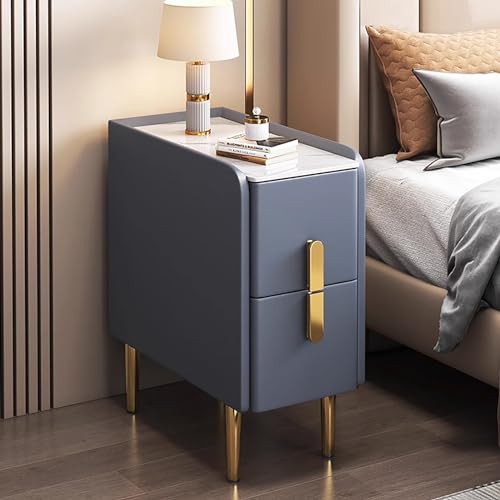 Moderner minimalistischer, schlanker Nachttisch mit PU-Leder-Finish und Metallbeinen für kleine Räume, Doppelschublade, Aufbewahrungsschrank für Schlafzimmer und Wohnzimmer