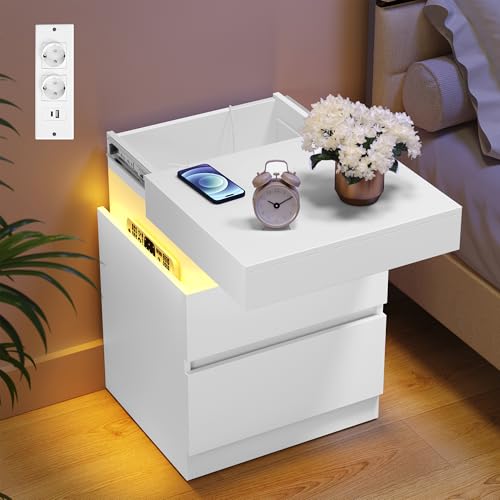 VASAGLE Kailyn Kollektion - Nachttisch, 2er Set, Beistelltisch mit Steckdosen, Schiebedeckel, 2 Schubladen, LED-Beleuchtung, Kleiner Tisch, modern, 35 x 40 x 55 cm, schneeweiß LET840WB01
