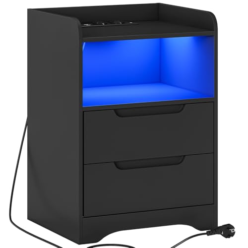 Brinlawb Nachttisch LED Beleuchtung Ladestation(2 AC Steckdosen, 2 USB Anschlüsse) Nachtschrank 2 Schubladen 1 Offenes Fach Beistelltisch Sofatisch für Wohnzimmer Schlafzimmer,