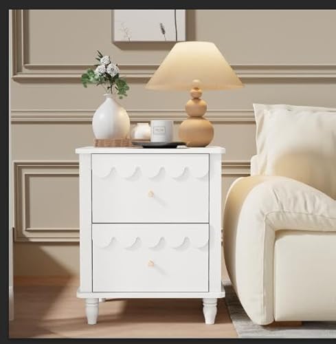 UEV Nachttisch 2er Set Boxspringbett Nachtschrank mit 2 Schubladen Nachtkommode Holz, Elegantes Design mit Wellenlinien Goldenen Griffen für Kinderzimmer Schlafzimmer Wohnzimmer 50x40x60cm Weiß