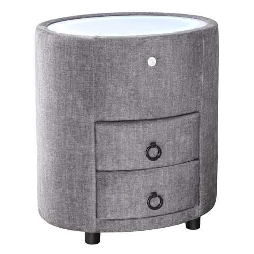 Riess Ambiente Ovaler Nachttisch SIGNUM - 55cm - grau - Tisch aus Samt inkl. Beleuchtung und Schubladen