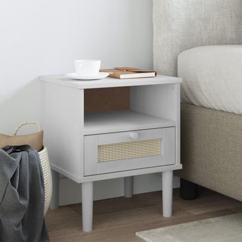 Fasba Nachttisch SENJA Rattan-Look Weiß 40x35x48 cm Massivholz Kiefer, Beistelltisch mit viel Stauraum, Nachtschrank, Nachtkommode, Nachtkonsole