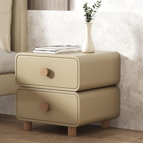 Moderner minimalistischer Nachttisch mit 2 Schubladen – kleiner Beistelltisch aus Massivholz, Kunstleder, rustikaler Aufbewahrungsschrank für Schlafzimmer, kompakter Nachttisch, Fell