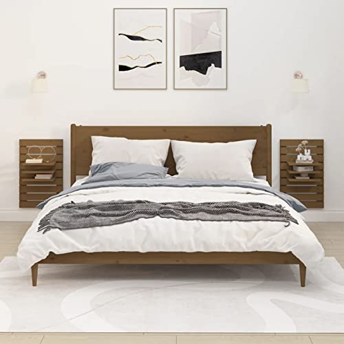Fasba Wand-Nachttische 2 STK. Honigbraun Massivholz Kiefer, Beistelltisch mit viel Stauraum, Nachtschrank, Nachtkommode, Nachtkonsole/ 824766