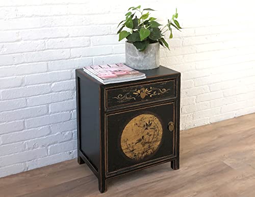 OPIUM OUTLET Chinesisches Nacht-Schränkchen asiatischer Nachttisch Kleiner Nacht-Schrank orientalische Schlafzimmer-Kommode Konsole Shabby-chic schwarz-beige