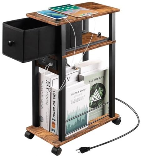 Segenn Beistelltisch - Nachttisch mit Steckdosen - Zeitschriftenständer - Beistelltisch auf Rollen - Braun - Schwarz