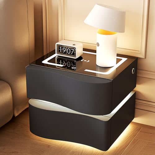 Intelligenter LED-Nachtisch mit 2 Schublade, Nachttisch mit Ladestation und 3 Farben Menschensensorlichter, moderner Akzent-Beistelltisch mit gehärtetem Glas für Schlafzimmer und Wohnzimmer(Black)