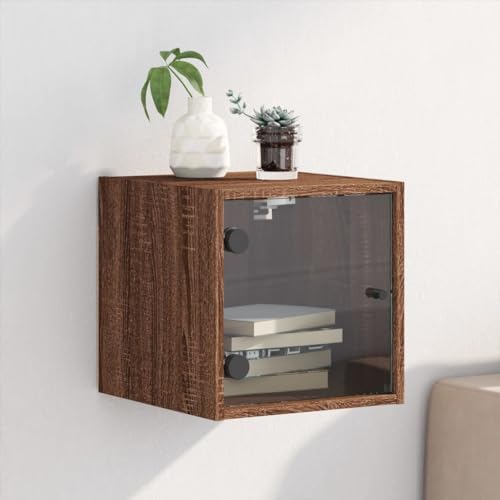 Runheo Nachttisch mit Glastür, Braun Eichen-Optik, 35x37x35 cm, Wandmontage, Stabiler Beistellschrank für Schlafzimmer, Wohnzimmer, vielseitiger Night Stand