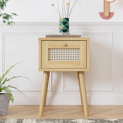 Physport Klassischer Nachttisch mit ein Schubladen, mit Rattan-Schubladenplatte, mit goldfarbenem Metallgriff und lange Holzbeine, Stauraum im Wohnzimmer und Schlafzimmer, Spanplatten+PE-Rattan, Natur