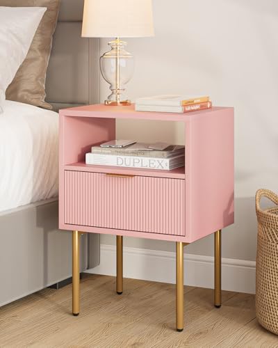 HEYZOEY Nachttisch, Nachtschrank mit 1 offenen Ablagen und 1 Schublade, Modern Nachtkästchen, Boho Nachtkommode für Schlafzimmer, Wohnzimmer, Rosa