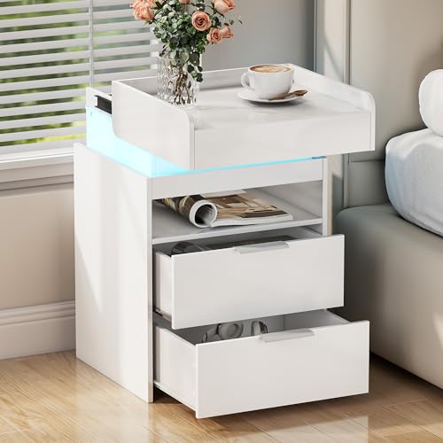 yeshine Nachttisch Weiß Led Nachtschrank 68 cm hoch Modern Nachtschrank mit Schubladen Bedside Table mit Geheimfach Nightstand mit Steckdose für Schlafzimmer, Wohnzimmer