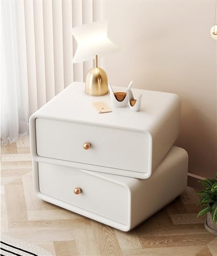 Nachttisch, Nachttisch aus Holz, mit drehbarem Stauraum und Nano-Tech-Leder-Finish, moderner Beistelltisch mit 2 Schubladen, Nachttisch, Beistelltisch für Schlafzimmer, Beige, Khaki, 40 x 40 x 48 cm