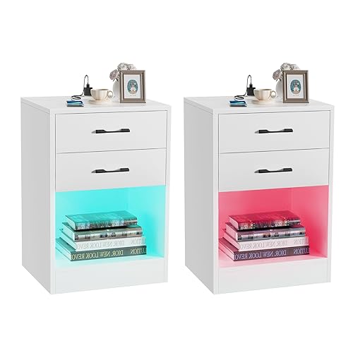 Lvhcmfohm 2er Set Nachttisch mit Steckdose, Nachttisch LED mit 2 Schubladen und 1 offenen Ablagen Moderner Nachtschrank mit Led, Nachtkästchen Matt, Nachtkommode für Wohnzimmer (Weiß, 40x35x60cm)