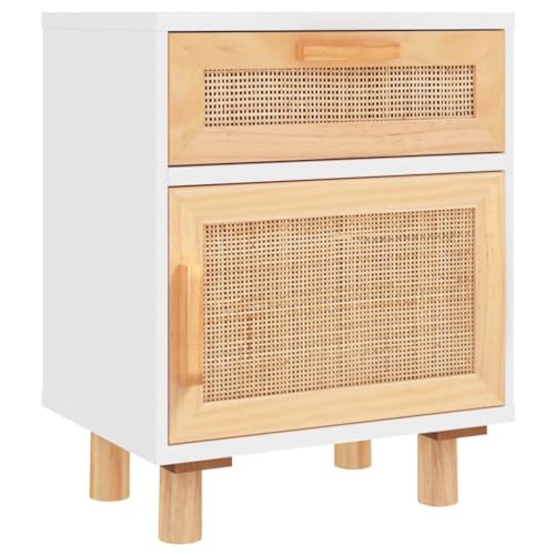 KTHLBRH Nachttisch Weiß Massivholz Kiefer und Natur-Rattan Couchtisch Sofa-Beistelltisch Nachtkommode für Arbeitszimmer, Büro, Wohnzimmer