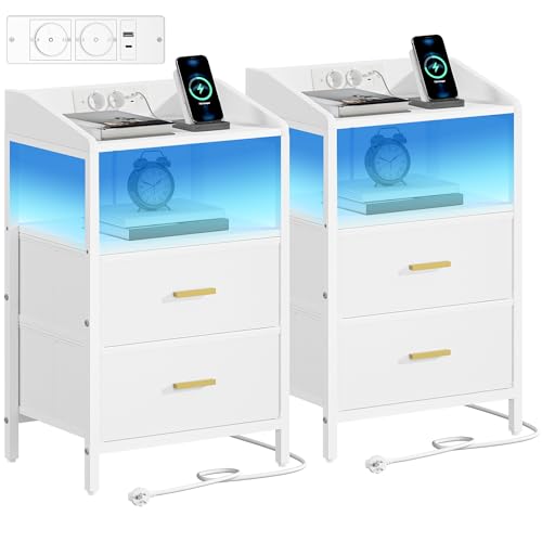 Hzuaneri Nachttisch 2er Set, mit LED-Leuchten und ladefunktion, Beistelltisch mit 2 Stoff-Schubladen mit USB-Anschlüssen & Steckdosen, für Schlafzimmer, Wohnzimmer, Weiß NS36213W
