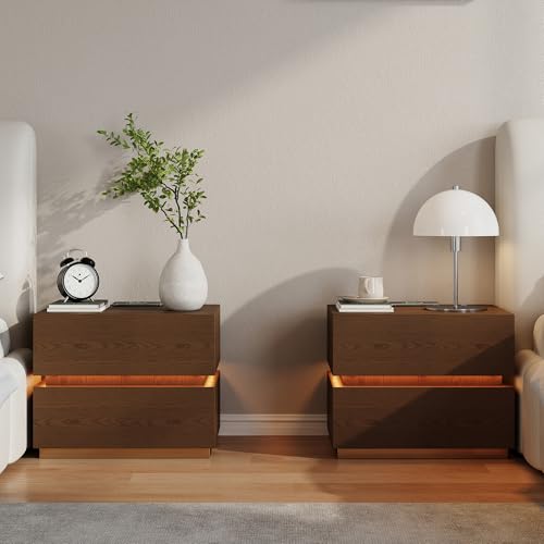 Homary Nachttisch 2er Set mit kabelloser Ladestation, LED Smart Nachtschrank mit Schubladen & USB-Anschlüssen, Modernes Nachtkästchen mit LED-Beleuchtung für Schlafzimmer (Led Nussbaum 2 Schubladen)