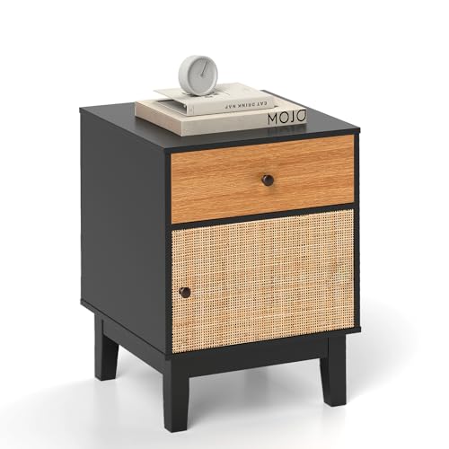 KOMFOTTEU Nachttisch mit Schublade & Rattan-Tür, Nachtschrank Holz mit Kiefernbein & Kippschutzeinrichtung, Vintage Beistelltisch Nachtkommode 40 x 39 x 55 cm für Wohnzimmer Schlafzimmer