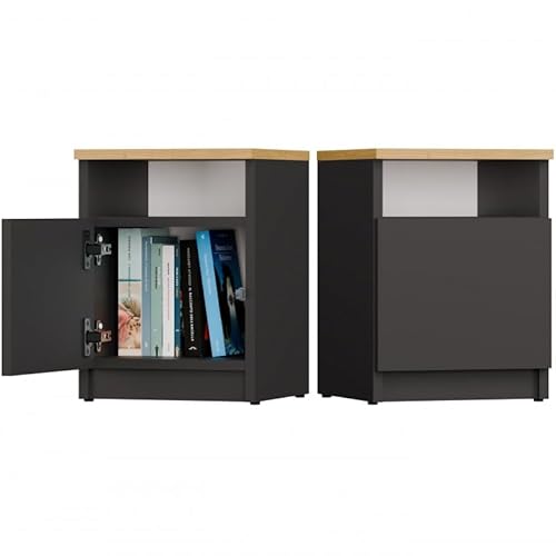 CDF Beistelltisch Nachttisch mit 1 Tür Sofatisch Kommodentisch mit offenem Stauraum Fach - Nachtmöbel Nachtschrank für Wohnzimmer Schlafzimmer Büro Flur – Anthrazit und Eiche Artisan