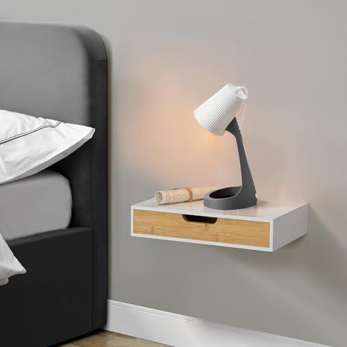[en.casa] Wandregal Bokn mit Schublade Bambus Schweberegal Hängeregal Wandablage Wandboard Nachttisch-Ablage Weiß 40 x 24 x 8 cm Wandschublade