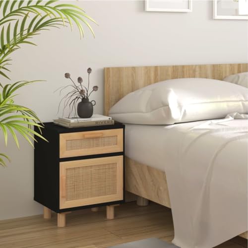 HaoChrymec Nachttisch Schwarz aus Holzwerkstoff, Massivholz Kiefer und Natur-Rattan, 1 Schublade, Kommode mit Stauraum, Beistelltisch für Schlafzimmer, 40x30x50 cm