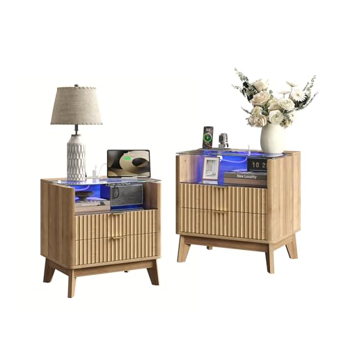 FUSOU 60CM Nachttisch-Set 2 mit Ladestation, LED-Beleuchtung, Glasplatte, 2 Schubladen, geriffelt für Schlafzimmer, Wohnzimmer, Büro, Eiche