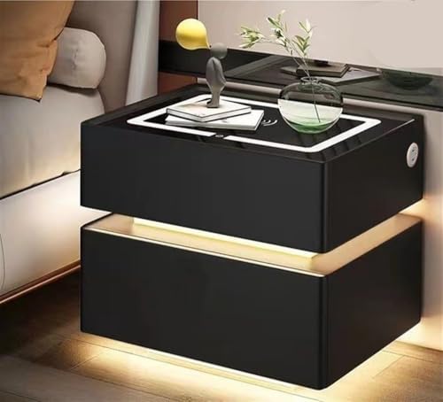 Nachttisch, Nachttisch mit kabelloser Ladestation und USB/Typ-C-Anschlüssen, Nachttisch mit LED-Licht, moderner Nachttisch mit Sensorlicht für Büro, Schlafzimmer (Grau, 48 x 49,9 x 50 cm)
