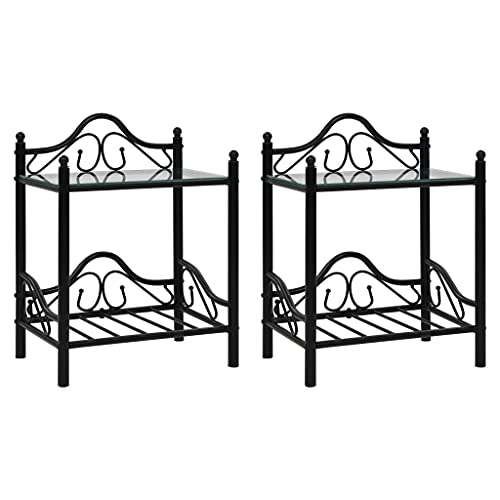 Youuihom Nachttische 2 STK. Stahl und Hartglas 45x30,5x60 cm Schwarz Kleiner Nachttisch Nachttische Badschrank Schmal Bed Side Table Bedroom für Schlafzimmer Wohnzimmer Jugendzimmer Bad