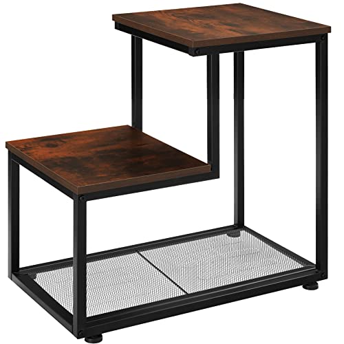 tectake Beistelltisch aus Holz und Metall, Industrial Design, Couchtisch mit 3 Ebenen, Gitterablage im unteren Bereich, 60,5 x 35,5 x 60,5 cm, schwarzes Metallgestell (Industrial Dunkelbraun)