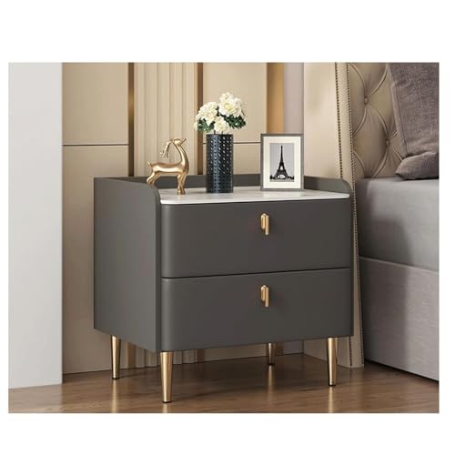 Nachttisch mit 2 Schubladen – Nachttisch aus Massivholz mit Kunstmarmor und PU-Leder – ideal für Schlafzimmer Beistelltisch oder Kommode