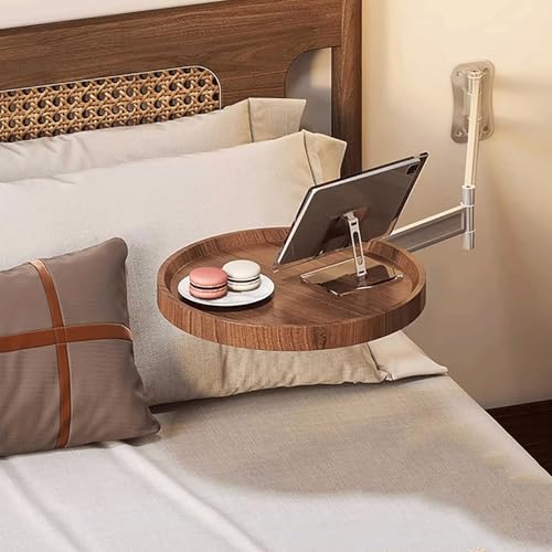 Platzsparender Schwebender Nachttisch - Wandmontiertes rundes Tablett mit ausklappbarem Design, ausziehbarer Esstisch & Beistelltisch, Braun