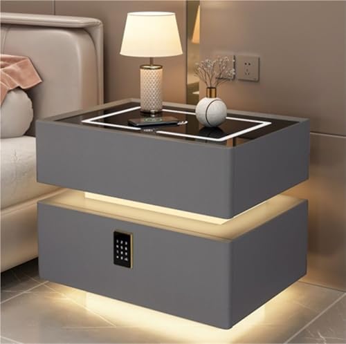 Moderner Nachttisch mit Induktionslicht und Passwortsperre, intelligenter Nachttisch mit kabelloser Ladestation, einfacher Nachttisch mit zwei Schubladen (Silber, 15,7 * 15,7 * 18,9 Zoll) (Silber