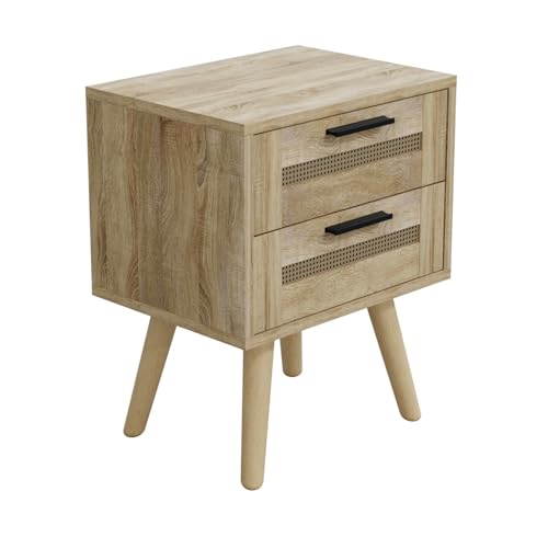HAGO24 | Nachttisch | Beistelltisch | Nachtkommode | Rattan | Eiche Sonoma | 40x30x50 cm | 2 Schubladen | Massivholzfüße | Aluminiumgriff | Schlafzimmer | Möbel